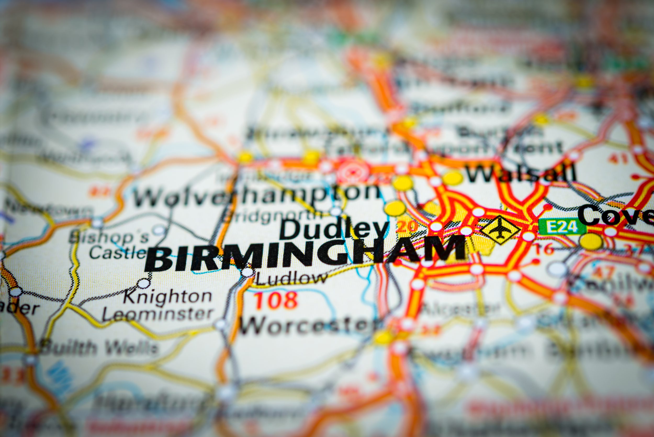 Macro,View,Of,Birmingham,,United,Kingdom,On,Map.,(vignette)
